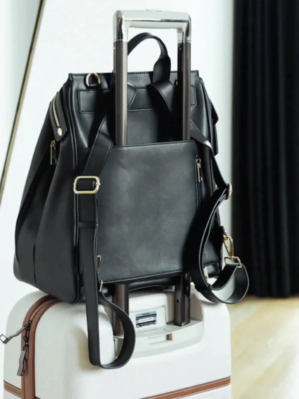 Mia + Sophia Black Faux Leather Diaper Bag Classic Minimalist Cute Baby Chic Bag